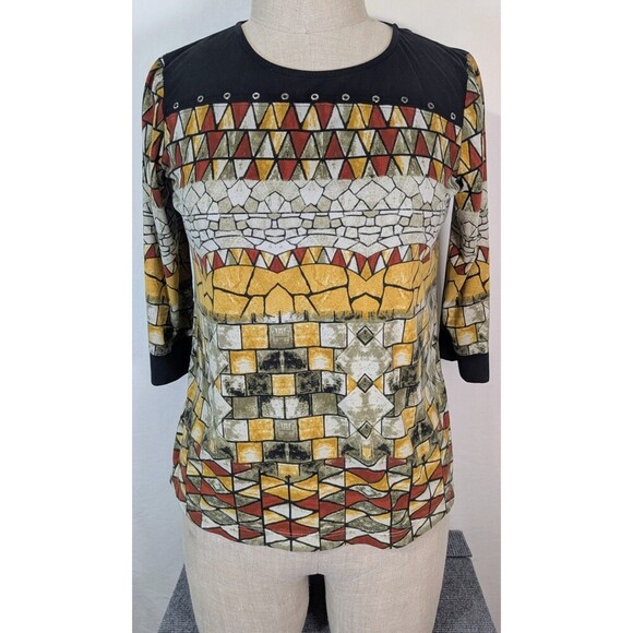 Multiples Tops - Multiples Petite Medium Geometric Print 3/4 Sleeve Top Grommet Detail